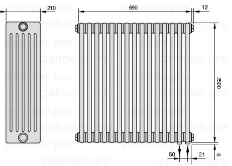 Схема (чертеж) Радиатор Zehnder Charleston 6250/15 №5510 Белый глянцевый RAL 9016